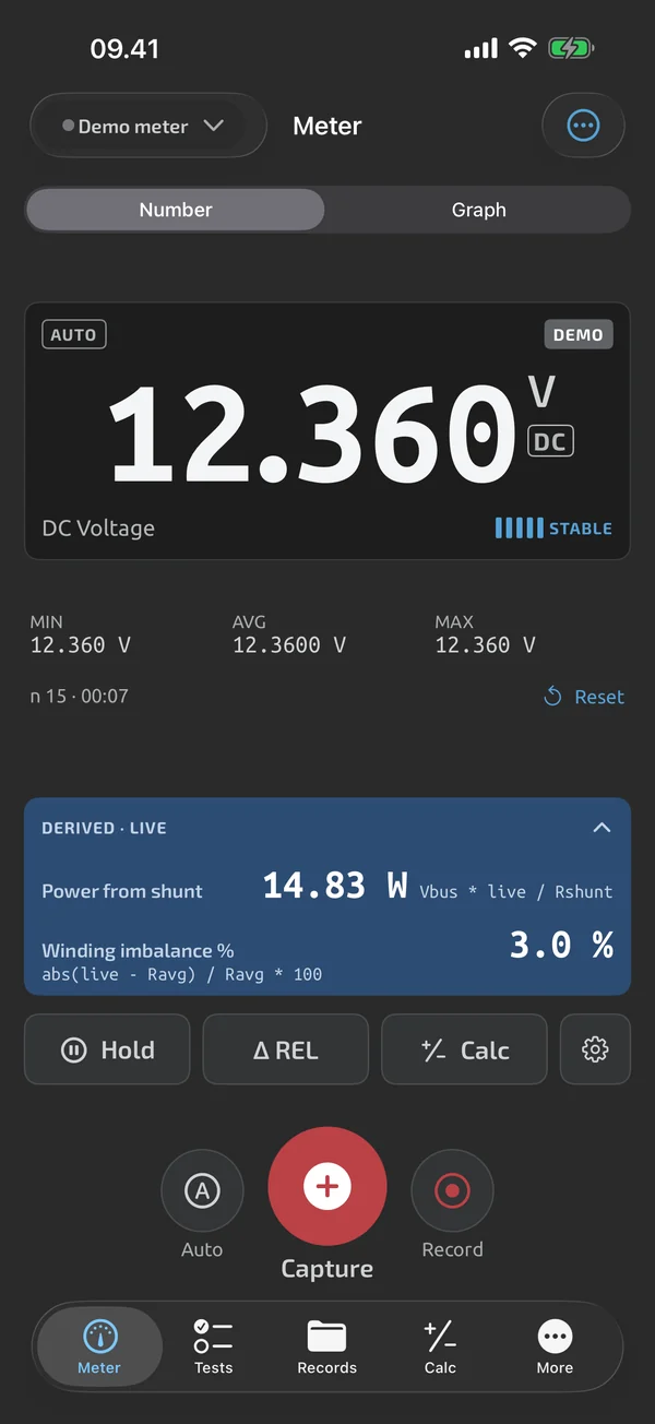 Meter screen in TestNMeasure: live derived panel under the readout showing two formula results