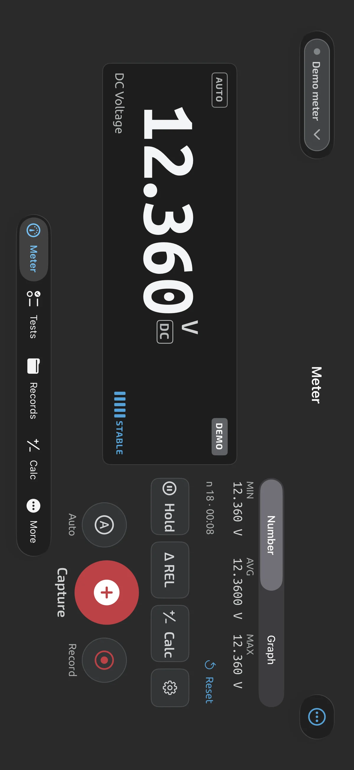 Meter screen in TestNMeasure in landscape: large readout on the left, stats and controls on the right