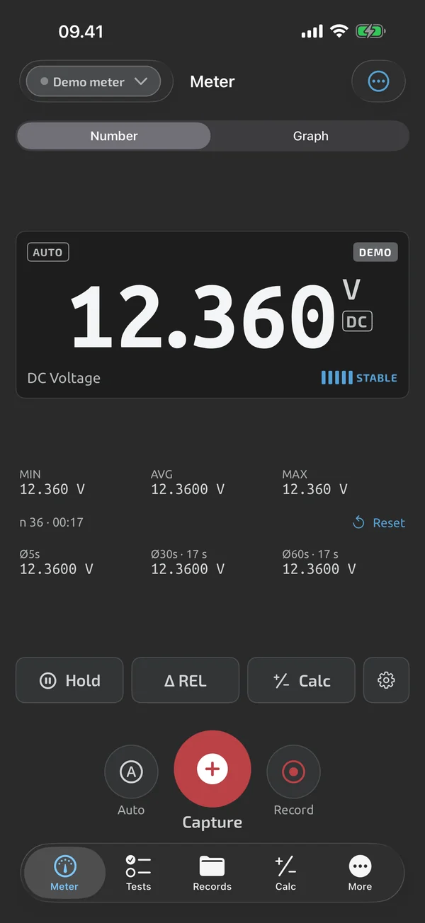 Meter screen in TestNMeasure: 12.36 V DC, five stability bars lit, stats row with 5 s, 30 s and 60 s averages
