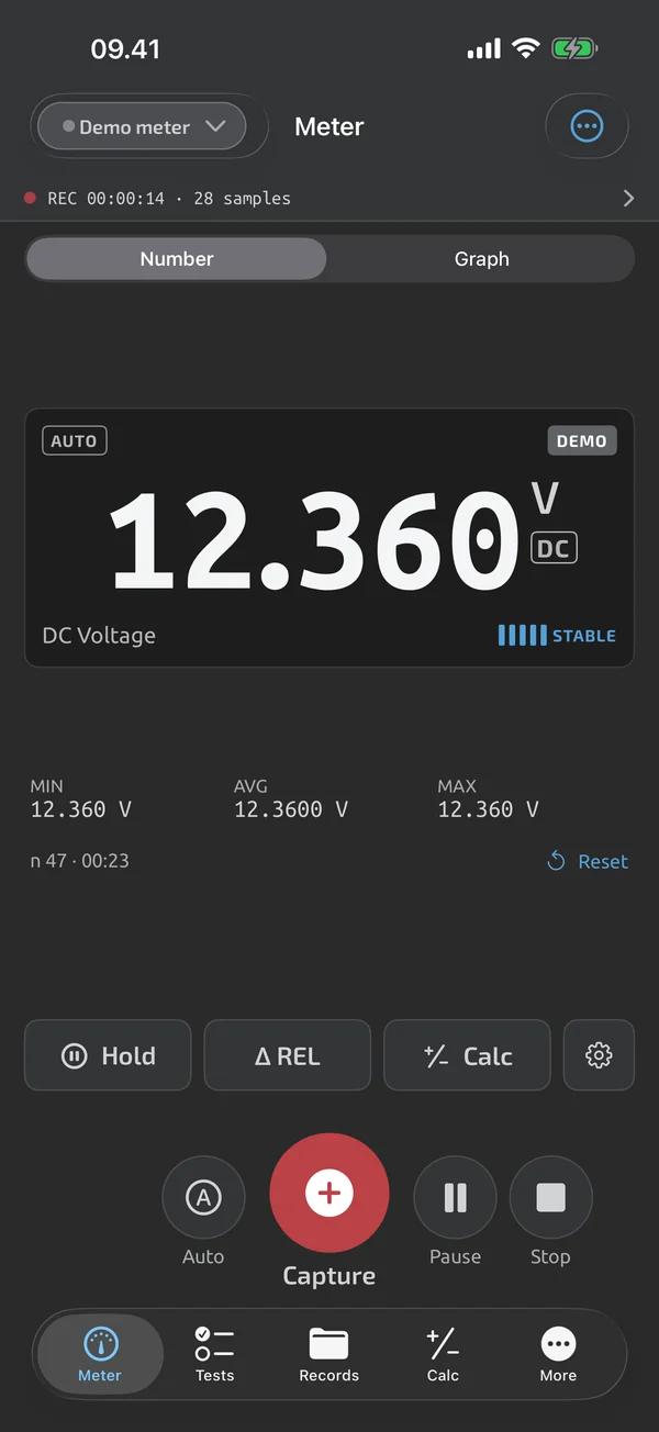 Meter screen in TestNMeasure while recording: red REC strip showing 00:12:04 above the live readout