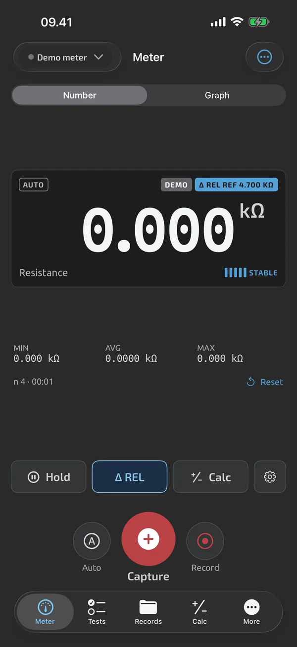 Meter screen in TestNMeasure: REL active on the ohm range with the reference 0.21 Ω shown in small text