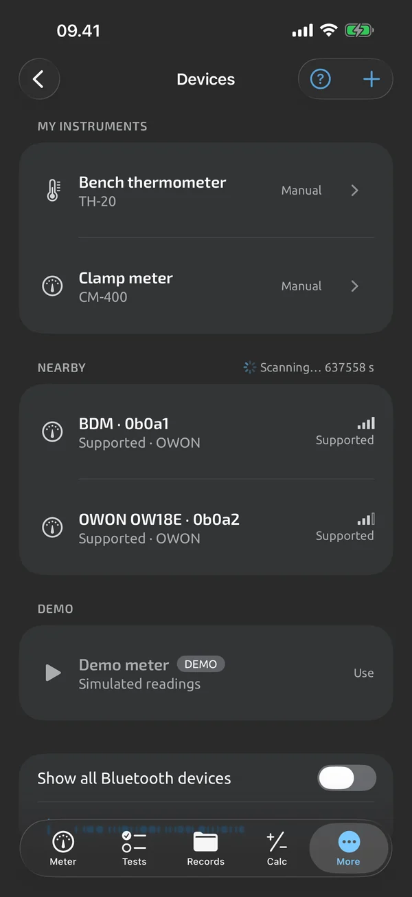 Devices screen in TestNMeasure: demo meter row first, then My instruments and an OWON meter in the scan list