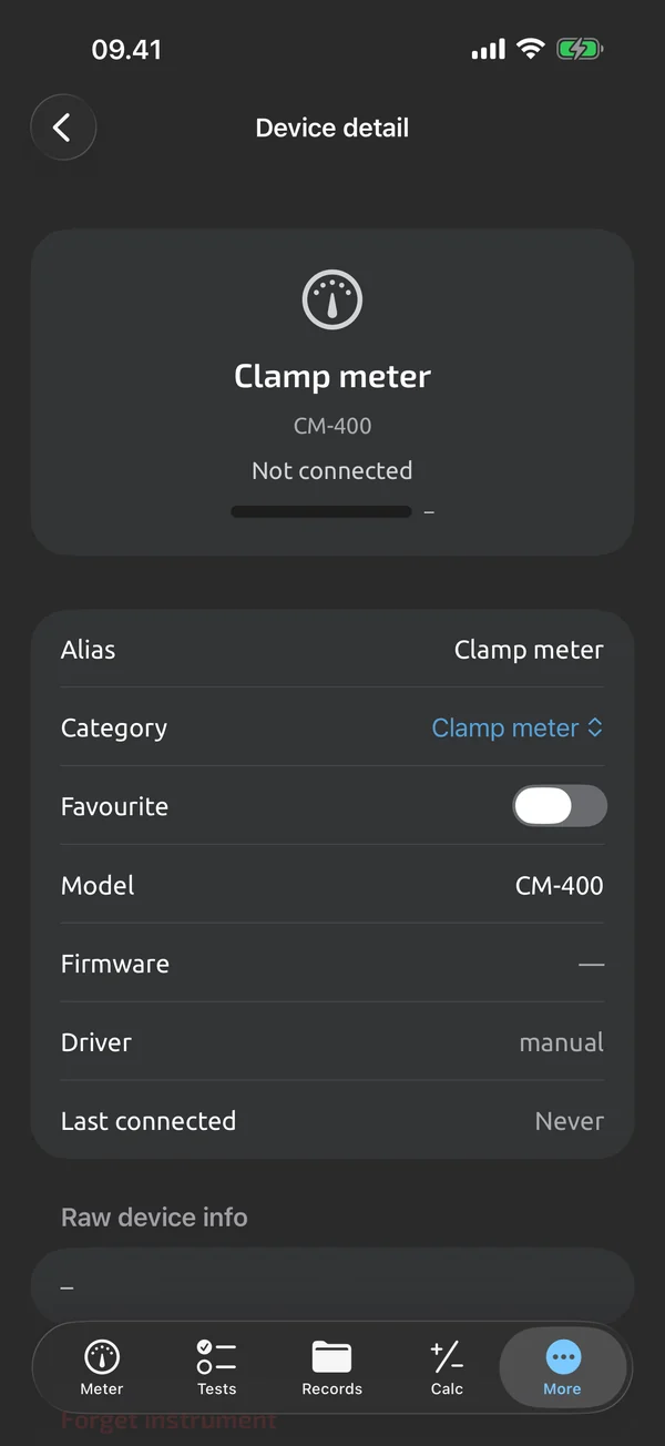 Device detail screen in TestNMeasure for the demo meter: alias, model, driver and battery fields