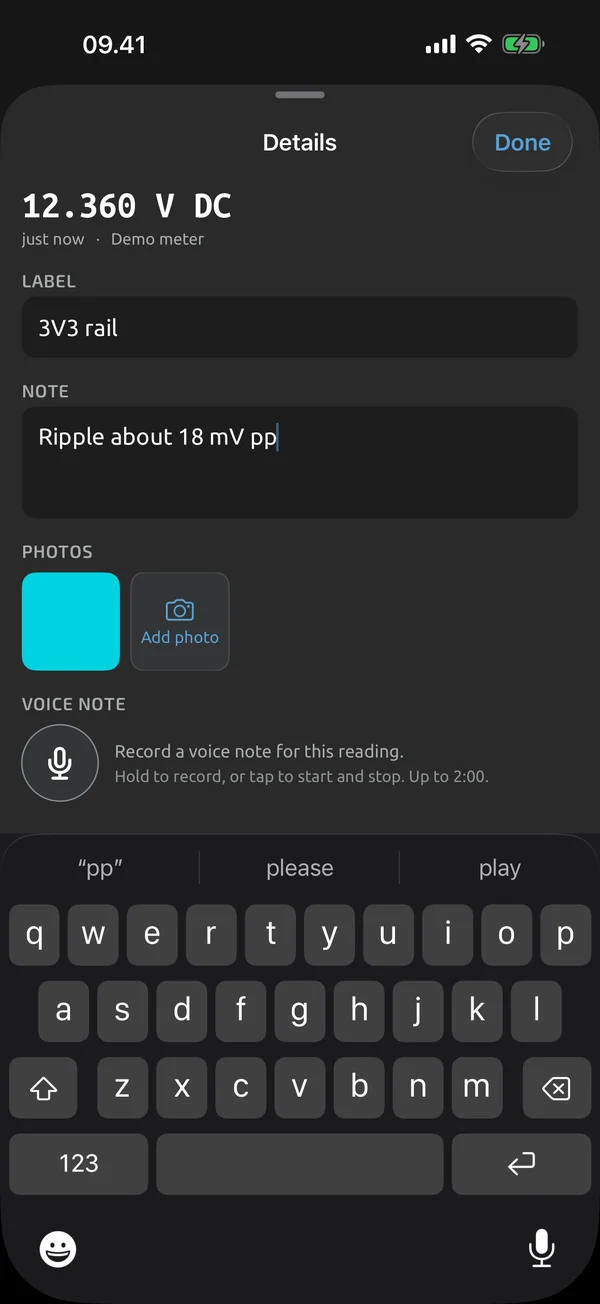 Capture details screen in TestNMeasure: a captured reading with a label, a text note and a photo attached
