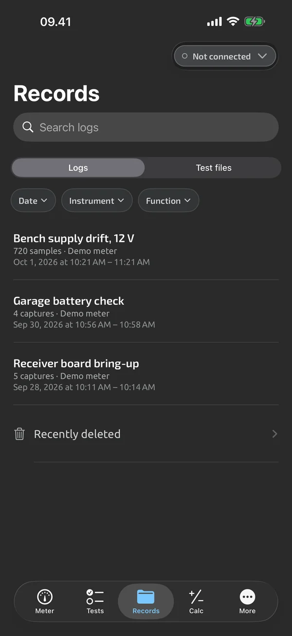 Records list in TestNMeasure: log sessions, newest first, with names and sample counts