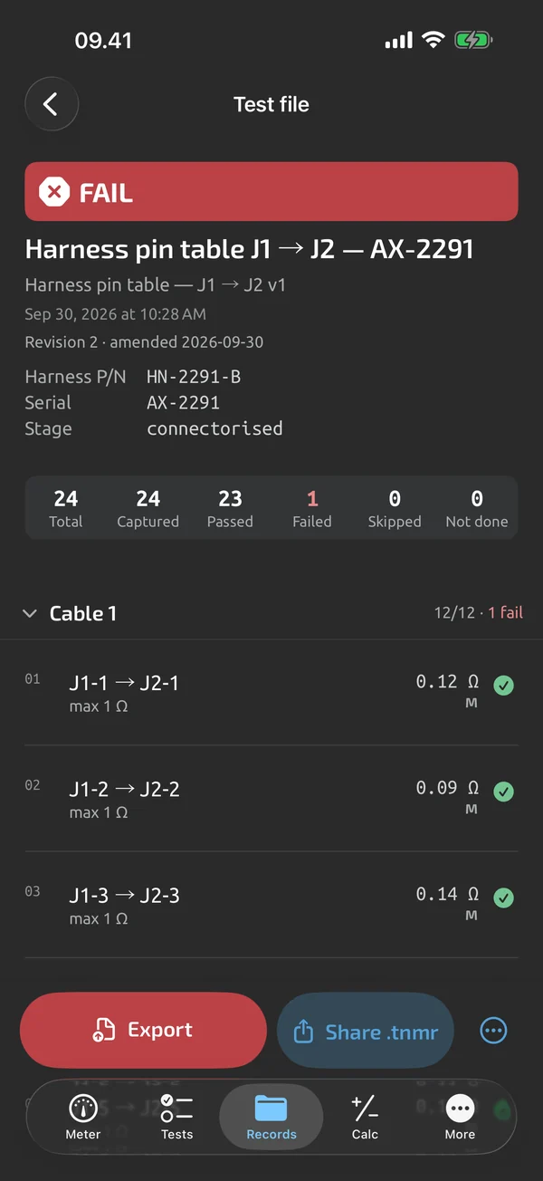 Test file viewer in TestNMeasure: a harness test file at revision 2 with grouped step results