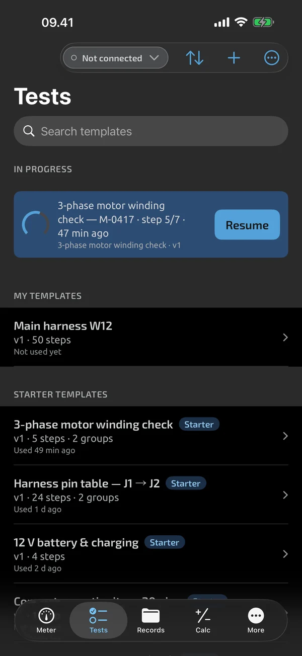Tests tab in TestNMeasure: runs in progress, then My templates, then the starter templates