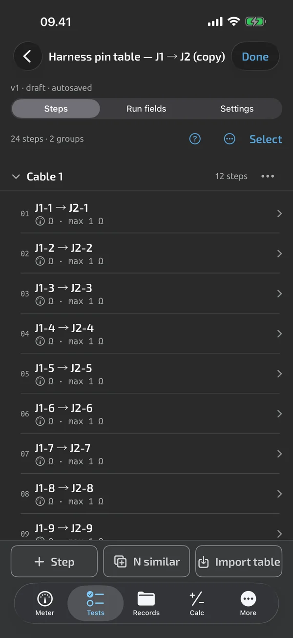 Template builder in TestNMeasure: a step list organised in collapsible groups