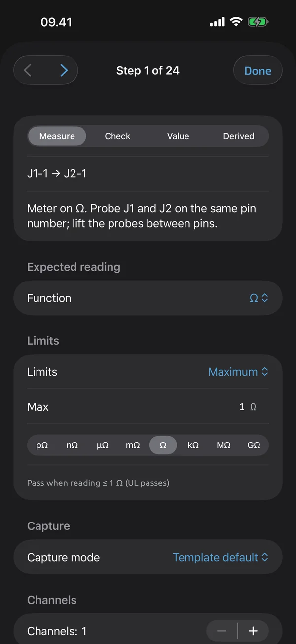 Step editor in TestNMeasure: a measurement step with the range limit 11.4–12.6 V