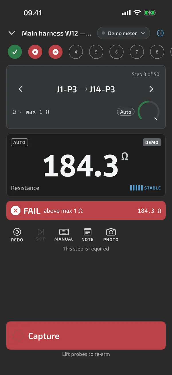 Run screen in TestNMeasure: pin 7 shown as FAIL, above max 1 Ω