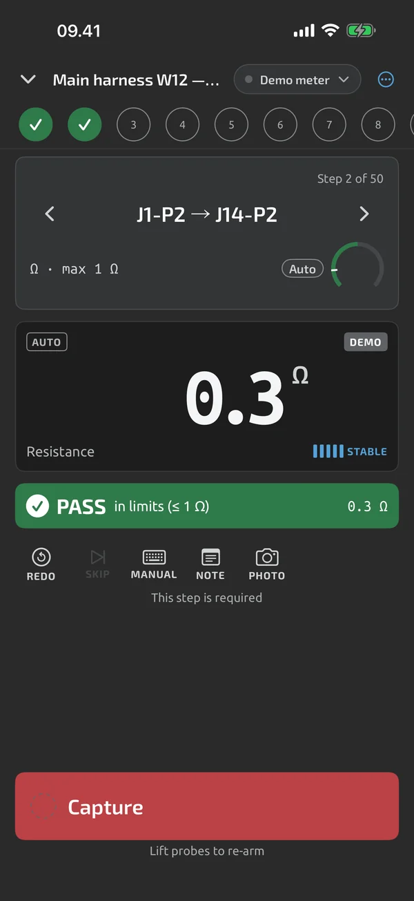 Run screen in TestNMeasure: a continuity step showing PASS beside the live readout and the step rail