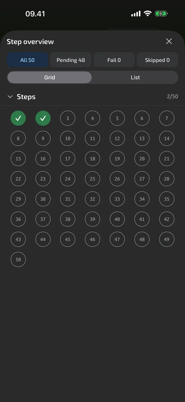 Step overview in TestNMeasure: list of all steps filtered to the failed ones