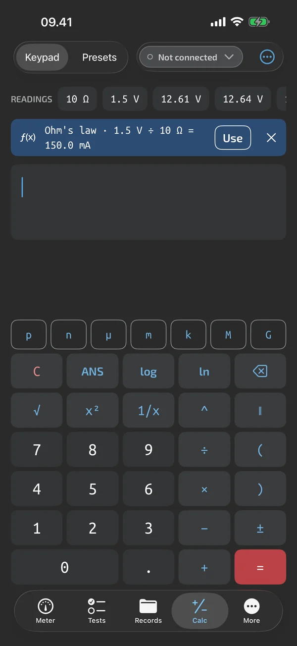 Calculator in TestNMeasure: a suggestion card offering Ohm's law from the last two captured readings