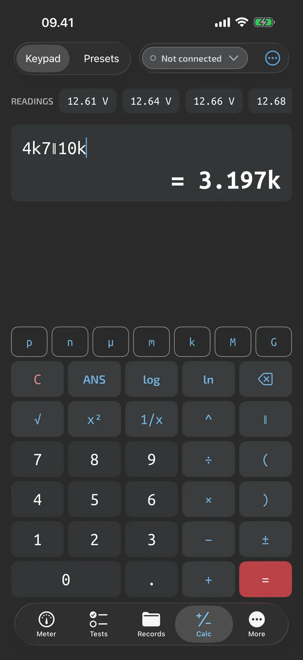 Calculator in TestNMeasure: keypad with SI prefix keys and the expression 4k7 ∥ 10k