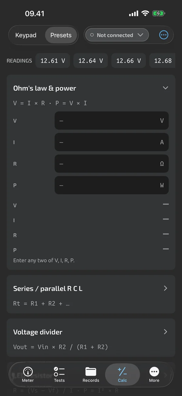 Calculator in TestNMeasure: the list of preset formulas