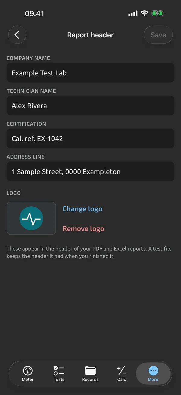 Report profile editor in TestNMeasure: company name, technician name and logo fields for report headers