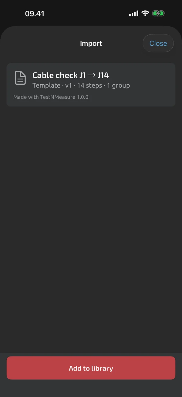 Import preview in TestNMeasure: a shared template with name, version and step count and an Add to library button