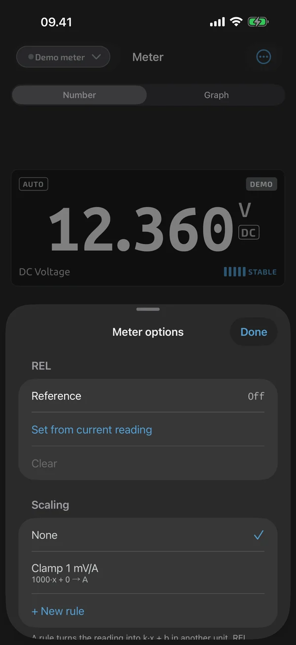 Meter options in TestNMeasure: a scaling rule with a factor and an output unit